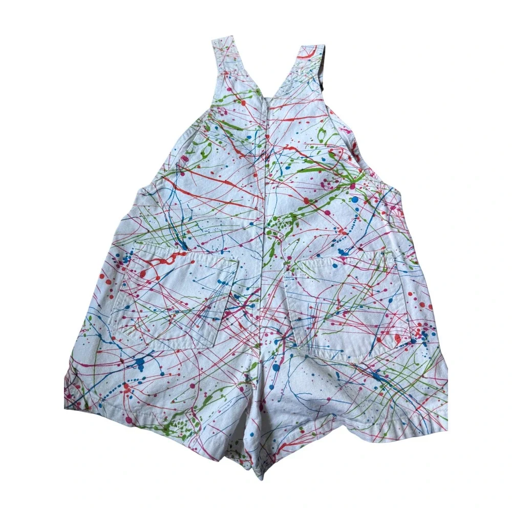 Vintage Esprit Kids Paint Splatter Shortalls White Denim Overalls Size 10 90s